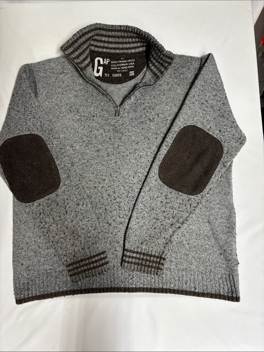 GAP Men’s XL Gray Speckled Quarter Zip Sweater Wool Blend Elbow Patches